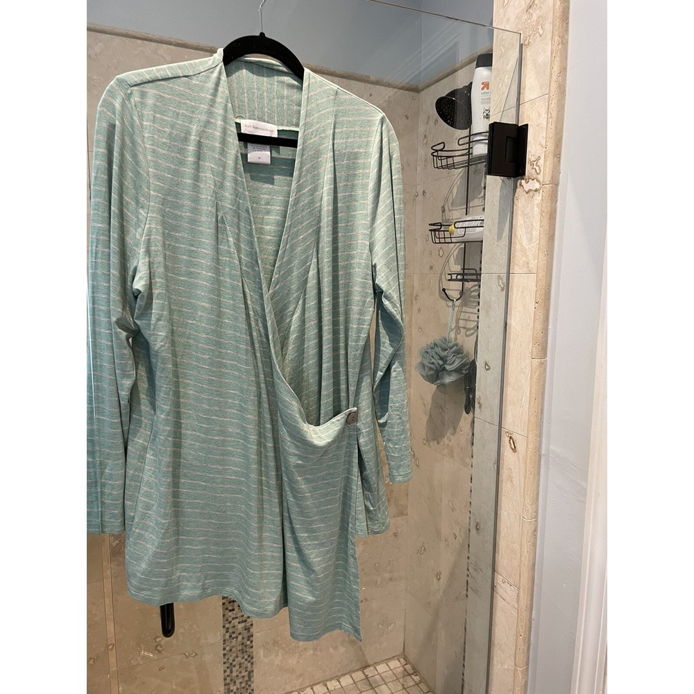 Soft Surroundings Faux Wrap Shapely Surplice Top 1X Green Gray Striped Blouse
